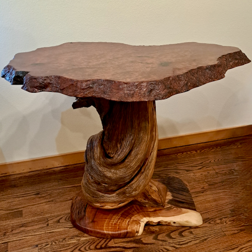 JW-271 Table Redwood, Lace Burl & Juniper $4000 at Hunter Wolff Gallery